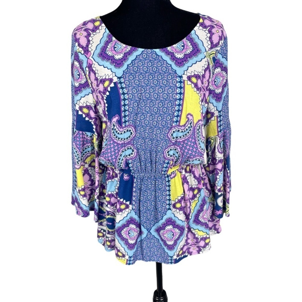 ✅ GLAM Purple paisley print 3/4 bell sleeve elastic waist blouse top size M